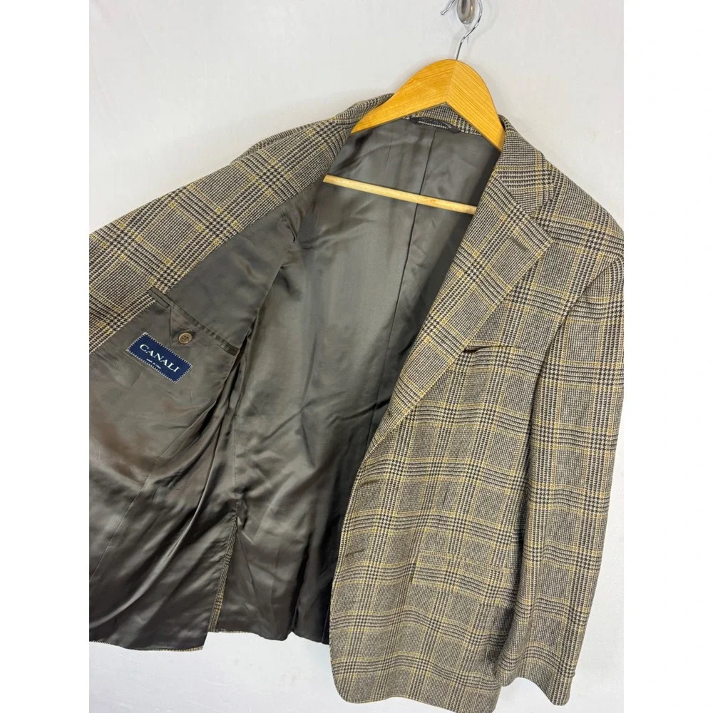Canali Mens Wool Cashmere Glen Plaid Blazer Elbow Patches Made in Italy 42R